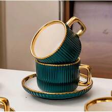 Vintage Kaffeetassen- und Untertassen-Set (2 Stü), europäische Keramiktasse mit Teller, Büro-Nachmittagstee-Latte-Tasse, elegantes Tafelgeschirr für den Wohnbereich - Standard - Übersicht 6
