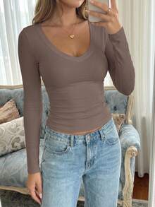 Vaiaye Women's Plus Size Fitted V-Neck Sexy Long Sleeve Y2K Spring/Summer Knit Top, Solid Color V-Neck T-Shirt, Suitable For Valentine's Day Wear - Coffee Brown - View 7