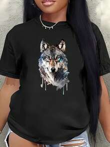 Camiseta Deportiva Casual y Elegante con Diseño de Lobo, Top de Manga Corta Cómodo y Ajustado para Mujer, Moderno y Transpirable, Versátil para Primavera, Verano y Otoño - negro - Ver 1