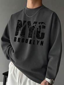 Kaos Pria Lengan Panjang Kerah Bulat Kasual Minimalis Serbaguna dengan Cetakan "NYC" Bahasa Inggris untuk Musim Semi/Gugur - Dark Grey - View 1