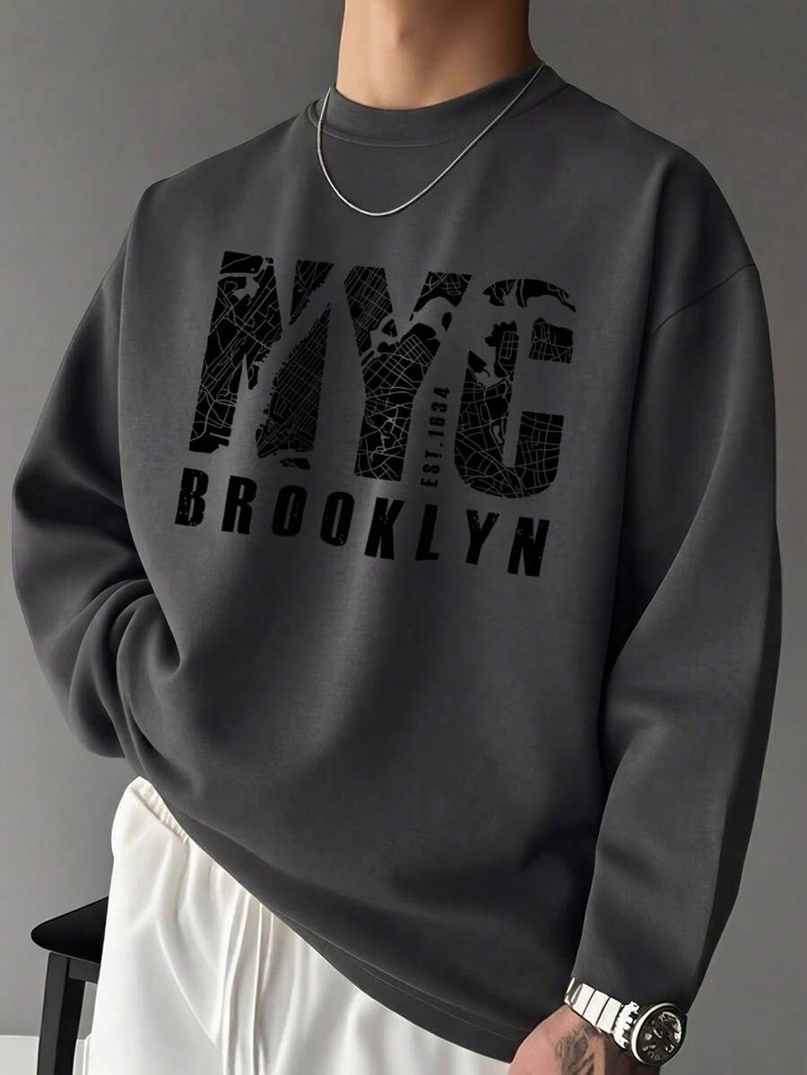Kaos Pria Lengan Panjang Kerah Bulat Kasual Minimalis Serbaguna dengan Cetakan "NYC" Bahasa Inggris untuk Musim Semi/Gugur - Dark Grey - View 1