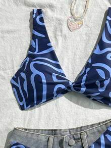 Conjunto de bikini de bandeau con estampado completo y nudo delantero, moda de verano para vacaciones en la playa para mujer - Rosa Pálido - Ver 5