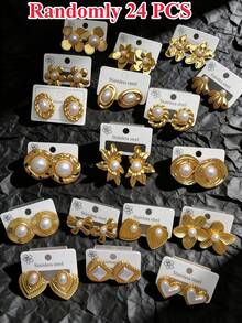 36pcs/24pcs/12pcs Women's Vintage Gold Pearl Earring Set - 14K Gold Plated Faux Pearl Stud Earrings, Creative Asymmetric Geometric Earrings, Pearl Heart Earrings, Pearl Flower Earrings, Oval Earrings, Suitable For Parties, Weddings, Evening Dinners And Daily Wear. It's Your Best Choice - An Elegant And Fashionable Jewelry Set. (Randomly Sent) - Multicolor - View 14