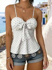 Áo cami nữ họa tiết chấm bi thắt nơ trước, dây mảnh, chiều dài vừa, áo tank top mùa hè, co giãn vừa, chất liệu polyester, phong cách thường ngày, màu trắng - trắng - Xem 2