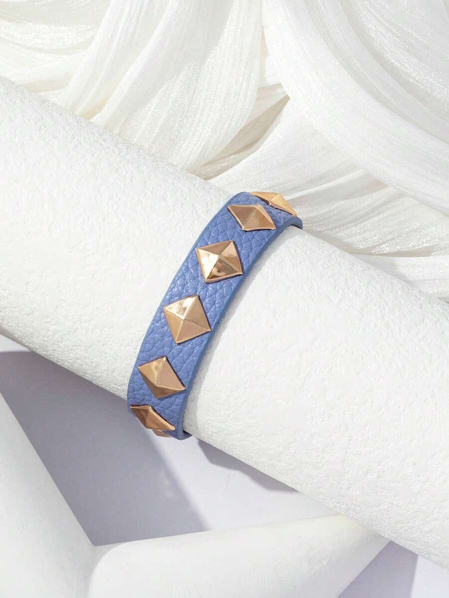 1 pieza Brazalete ajustable de estilo Y2K oscuro para mujer con tachuelas de roca, remaches triangulares de PU y diseño de motocicleta, adecuado para uso diario - Morado - Ver 1
