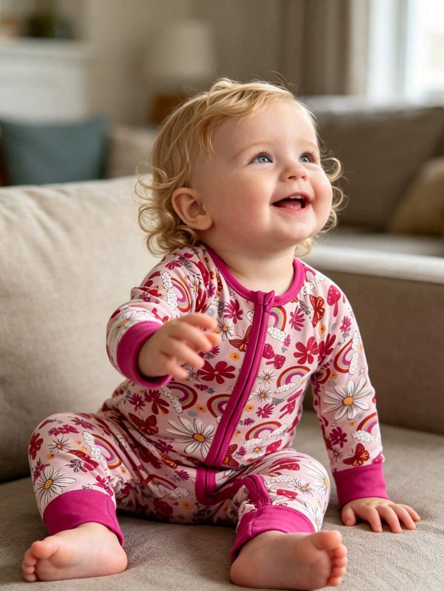MOSSRIVER Bamboo Long-Sleeve Baby One-Piece Hand-Drawn Butterfly Rainbow Print - 彩色 - 查看 1