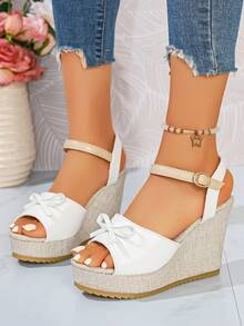 Plus Size Women's Retro Solid Color Buckle Wedge Platform Sandals - White - View 3