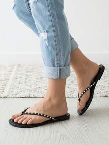 Chanclas de dedo con pedrería de unicolor, estilo de vacaciones de verano francés, punta redonda, diseño de lujo, efecto estilizante, a la moda, versátiles, elegantes, cómodas, adecuadas para vacaciones y viajes - Negro - Ver 4