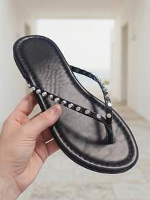 Chanclas de dedo con pedrería de unicolor, estilo de vacaciones de verano francés, punta redonda, diseño de lujo, efecto estilizante, a la moda, versátiles, elegantes, cómodas, adecuadas para vacaciones y viajes - Negro - Ver 2