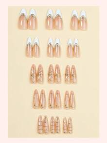 30pcs Long Almond Shaped French Floral Nail Stickers, Acrylic Nail Decals, Luxury Gold Line Butterfly And Metallic Bead Embellishments, Elegant Bridal Style, Suitable For Women And Girls Wedding Date Daily Commute Party Vacation Photo Nail Salon, Nail Art Supplies Nails - Multicolor - View 2