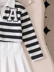 Toddler Girls 2pcs Preppy Striped Letter Patch Polo Neck Crop Top & Pleated Skirt Set For Back To School - White - View 3