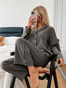 Nina Bonheur 2件組女款格紋鈕扣長袖睡衣上衣 + 直筒彈性腰長褲家居服套裝 - 灰色 - 查看 2