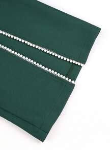 Luxury Plus Size Green 2 Pieces Set, Pearl Embellished Blazer, Long Sleeve, Slit Wide Leg Pants, Elegant Business Office, Formal Occasion, Autumn Outfit - Dark Green - View 10