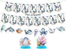 Under The Sea Birthday Party Decorations Set, Pre-Strung Happy Birthday Banner With Ocean Animal Accents And Coral Shell Honeycomb Centerpieces - Ocean Bday - View 7