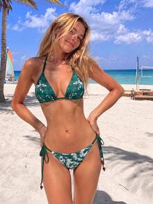 HOTTIE HABIT Dunkelgrüner Batik-Bikini für Damen, Kokosnuss-Muster, seitliche Bindung mit Perlen, sexy Badebekleidung, geeignet für Sommerurlaub und tägliche Freizeitkleidung - Verschiedenfarbig - Übersicht 1