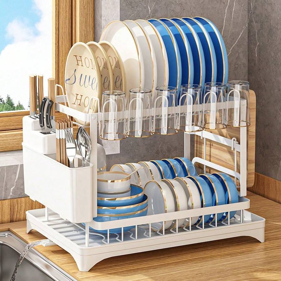 1pc Space-Saving 2-Tier Dish Rack With Multifunctional Storage - Over Sink Design, Detachable Cup And Cutlery Holders,  Drainboard - Kitchen Organizer, Chic White - White - View 1