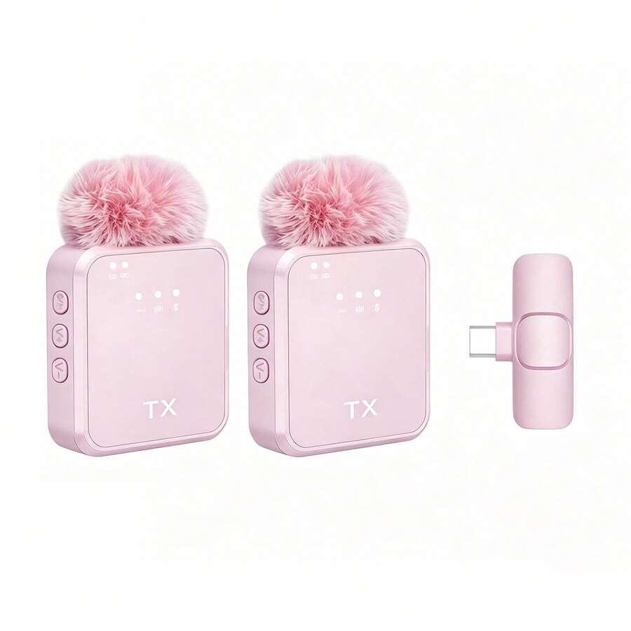 Pink Wireless Lavalier Microphone, 3-In-1 Wireless Lavalier Microphone, 2-In-1 Wireless Lavalier Microphone, Multiple Ports Optional, Professional Intelligent Noise Reduction, Omnidirectional Condenser, 230mAh Battery, Windscreen, USB Interface (Multiple Ports Optional), Rechargeable Lithium Battery, 2.4G/3G/4G/5G Connection, Suitable For Live Streaming, Interviews, Song Recording, Video Podcasts, Talk Shows And Vlogs. - View 1