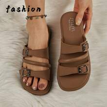 Pantuflas casuales de moda para mujer primavera/verano, color marrón versátil a juego, chanclas, adecuadas para la playa, sandalias - Marrón - Ver 12