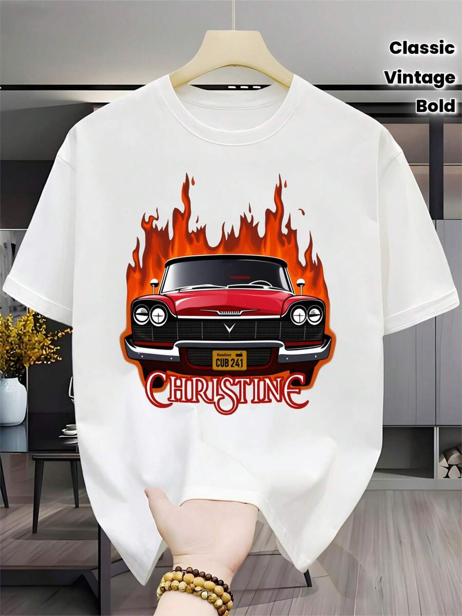 This Selection Of Classic Local Retro Car-Themed T-Shirts Features A Black Flame Design, CHRSTINE License Plate, And Striking Lettering-Perfect For Car Enthusiasts And Nostalgics, Suitable For Everyday Wear Or As A Unique Gift Choice. - 白色 - 查看 1