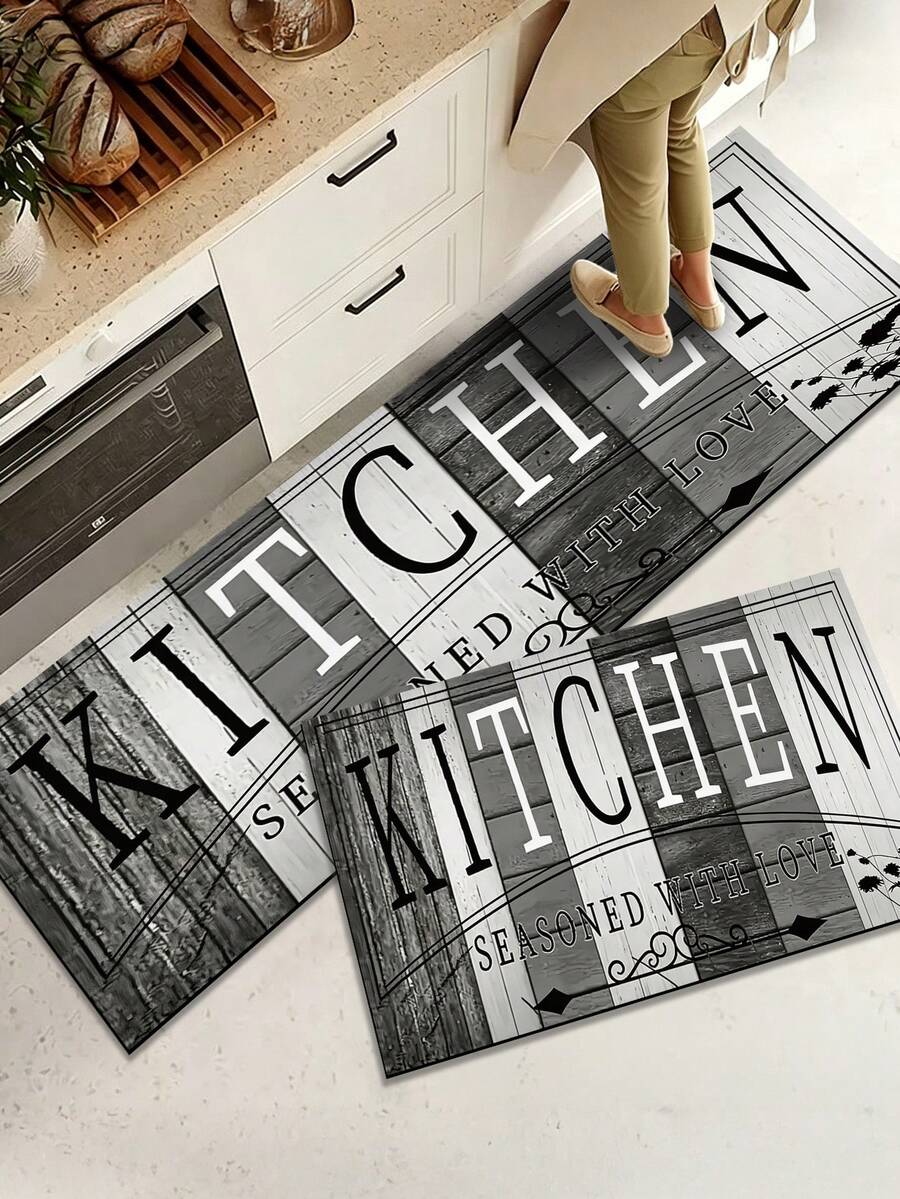 1pc Rubber Material Kitchen Runner Rug, Tableware Letter Print Pattern, Nordic Luxury Style Kitchen Mat, Long Runner Rug Laundry Room Rug, Thick Fabric With Good Foot Feel, Easy To Clean, Machine Washable, Hand Washable, Practical Entryway Doormat Home Decor Rug, Room Decor, Suitable For Dining Room, Kitchen, Laundry Room, Indoor Doorway And Other Indoor Areas - Dark Grey - View 1
