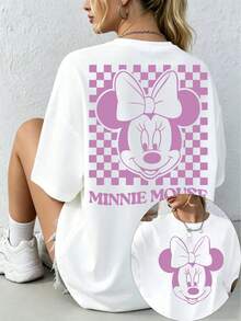 Disney Minnie Mouse Plaid T-Shirt, Women's, Retro Pink Cartoon Print, Loose Short-Sleeved T-Shirt, Casual Loose Street Style Pure Cotton Top. - 白色 - 查看 1