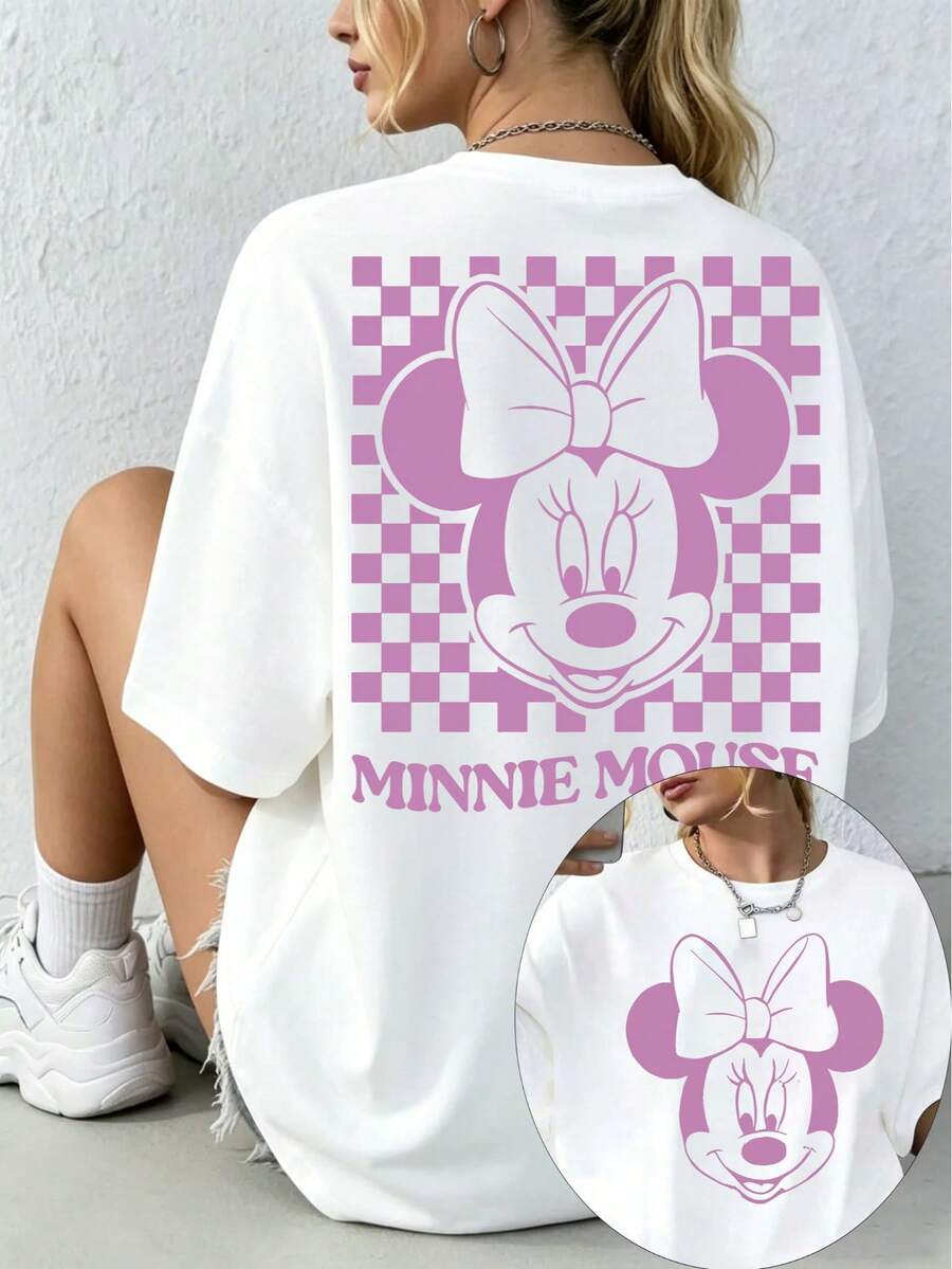Disney Minnie Mouse Plaid T-Shirt, Women's, Retro Pink Cartoon Print, Loose Short-Sleeved T-Shirt, Casual Loose Street Style Pure Cotton Top. - 白色 - 查看 1