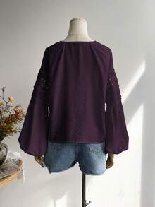 Rusttydustty Women's Standard Size Long Sleeve White Lace Blouse, Casual Vacation Bohemian Style, Suitable For Autumn - Red Violet - View 4