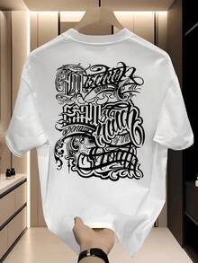 Men's Pure Cotton Short-Sleeved T-Shirt, Fashionable Calligraphy Print, Gothic Design, Breathable And Comfortable, Suitable For Daily Wear - 黑色 - 查看 7
