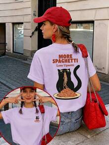 1pc All-Day Wear Fitted Short Sleeve T-Shirt, INS Style Street Aesthetic Pinterest Style Front And Back "More Pasta, Cream Color Summer Top Casual - Lilac Purple - View 2