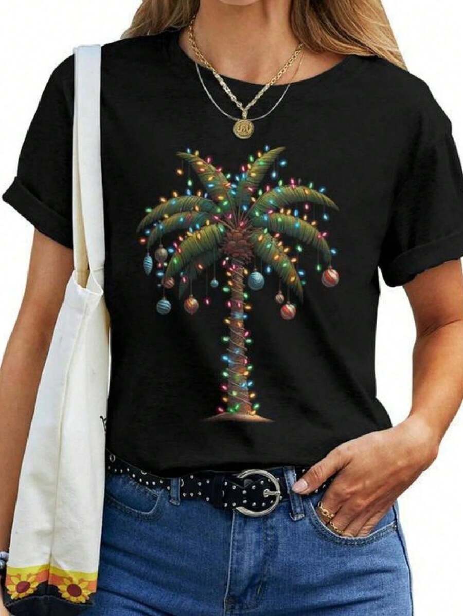 Camiseta de mujer con diseño de árbol de palma navideño, estilo hawaiano y tropical