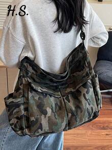 新款休闲时尚迷彩军绿色男女通用大容量单肩斜跨帆布多口袋包，波西米亚风格，欧美风，适合学院风，日常，郊游，健身，购物，月牙形女手提包 - 軍綠色 - 查看 2