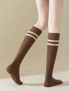 2 Pairs Women's Spring/Autumn Versatile College Style Compression Socks, Grey JK Mid-Calf Socks For Loafers, Youthful And Beautiful, Enhancing Leg Shape - Coffee Brown - View 5
