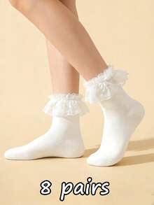 2/4/6/8/10pairs Cute Simple Lace Trim Mid-Calf Socks, Comfortable Material, For Daily Home & Outdoor Wear - White - View 11