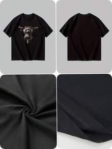 [New Products]Summer Men's Comfortable Breathable Round Neck Short Sleeve Solid Color Versatile Daily Casual T Shirt With Cute Hanging Raccoon Print - 黑色 - 查看 4