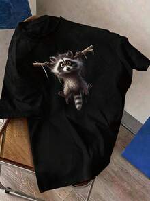 [New Products]Summer Men's Comfortable Breathable Round Neck Short Sleeve Solid Color Versatile Daily Casual T Shirt With Cute Hanging Raccoon Print - 黑色 - 查看 5