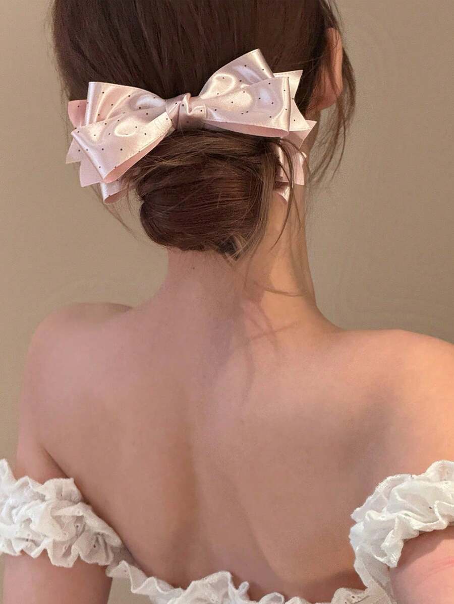 1件波點緞面大蝴蝶結髮夾，優雅雙層蝴蝶結髮飾，女士用髮夾 - 彩色 - 查看 1