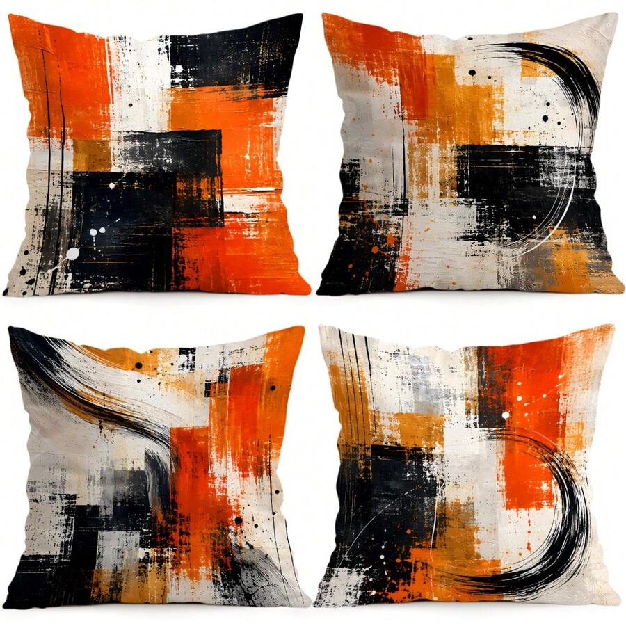 4pcs/1pc Orange & Black Ink Splatter Abstract Art Pattern Pillowcase Without Insert, Single-Sided Printed Pillowcase, Suitable For Living Room Bedroom Home Decor, All Seasons Pillowcase - Multicolor - View 1