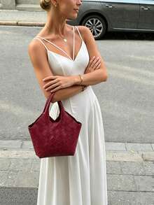 Vuslat Women's Summer Pure White Plain Double Thin Strap Criss-Cross V-Neck Split Fishbone Waist Gathered Sides Full Skirt Floor-Length Vacation Dress, Draping Breathable Matte Woven Fabric, Suitable For Independence Day, Holiday Outfits, Beach Outdoor Parades, European City Street Photography, Island Vacation Travel Photos, Luxury Afternoon Tea Dates, Summer Short Trips To Nearby Suburbs And Multiple Occasions - White - View 6