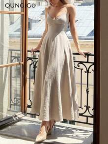 QUNGIGU midi elegante para mujer con tirantes finos, escote en V, lino texturizado, espalda descubierta, cintura alta, fluido, para verano, playa, invitada de boda y fiesta de cóctel - Azul marino - Ver 13