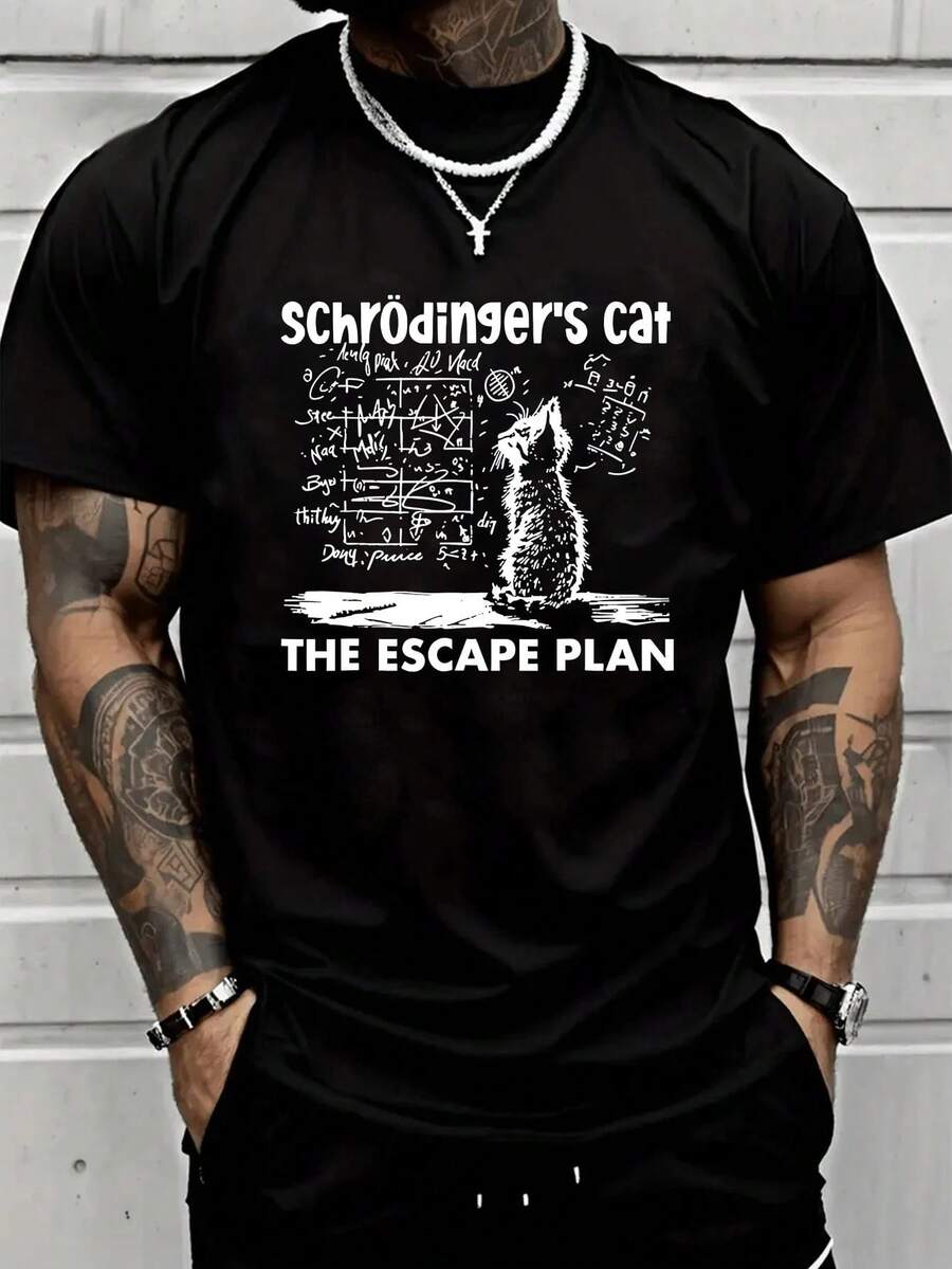 Graphic T-Shirt Featuring Schrödinger's Cat, Perfect For Science Enthusiasts. This Humorous Black And White Physics Shirt Is Made From Soft, Breathabl - Black - View 1