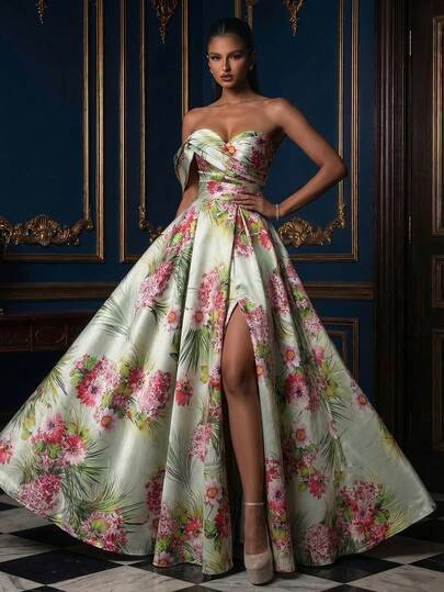 White Base Tropical Floral Print Satin Strapless One Shoulder Prom Gown, Ruched Slit Zip Back Maxi Dress For Wedding Party Spring Summer Vacation
