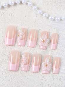 10pcs Glossy Medium Square Press-On Nails, Nude Pink Dual-Tone French Acrylic Nails With 3D Transparent White Flowers And Gold Bead Decor, Sweet And Elegant, Makes Hands Look Slender, Reusable, Suitable For Daily Wear And Dates, Girls Gift, Hot-Selling 3D Floral Pink French Nail Stickers Handmade Press On Nails - Baby Pink - View 12