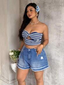 Shorts vaqueros de talla grande con lavado, desgastados y dobladillo deshilachado para el verano - Azul - Ver 6