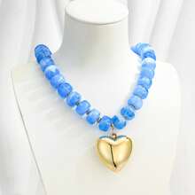 Chunky Beads Necklace For Women Gold Puffy Heart Choker Necklace Colorful Resin Beaded Heart Pendant Necklaces Statement Jewelry - Baby Blue - View 5