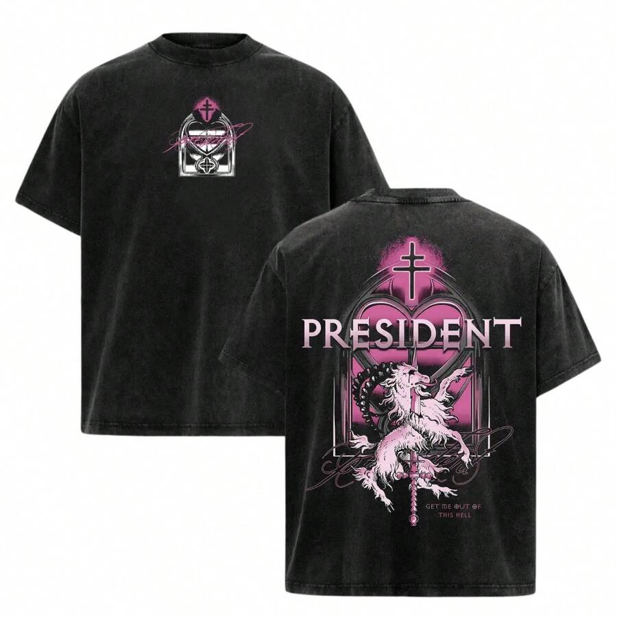 Camiseta de la banda President con efecto lavado ácido, camiseta con gráfico de cruz gótica, camiseta estilo retro deathcore, camisetas inspiradas en el metal religioso oscuro, camiseta vint - Negro - Ver 1