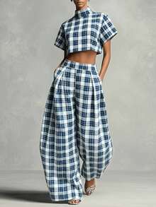 2026 New Short High Neck Short Sleeve Top & High Waist Wide Leg Pants Set, Cropped Plaid Set, Summer Cool Short Sleeve Set, Design-Driven Hot Girl Casual Style Short Top & Wide Leg Pants Set, Y2K Plaid Style, Summer Outing & Picnic Outfit, Plus Size Friendly - Baby Blue - View 2