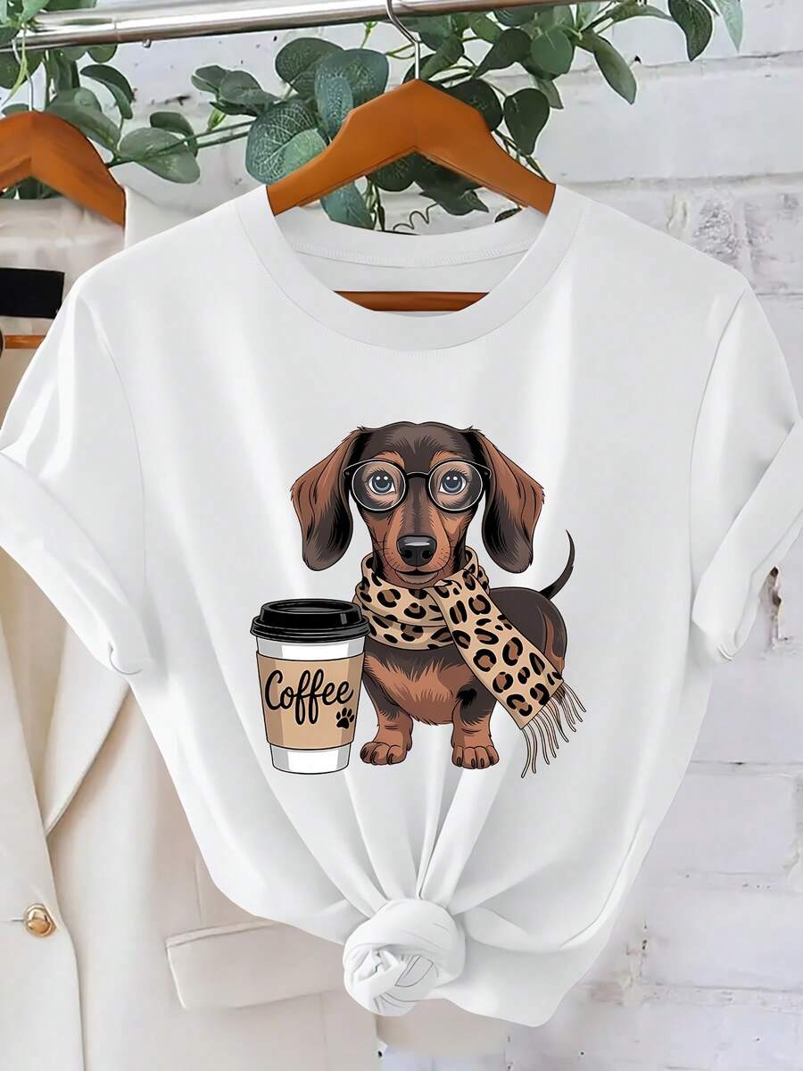 Y2K Women's Summer T-Shirt With Vintage Dachshund And Coffee Print | Casual Cartoon Style, Crew Neck, Short Sleeve | Vacation Style Clothing For Summer - 白色 - 查看 1