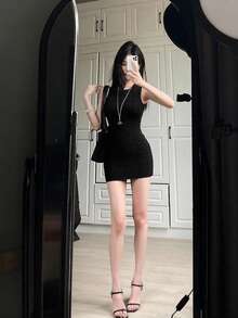 Fitted Bodycon Sexy Revealing Figure Elegant Lady Sleeveless Black Sweater Dress, Suitable For Summer, Spring & Autumn - Black - View 3