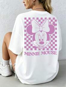 Disney Minnie Mouse Plaid T-Shirt, Women's, Retro Pink Cartoon Print, Loose Short-Sleeved T-Shirt, Casual Loose Street Style Pure Cotton Top. - 白色 - 查看 3