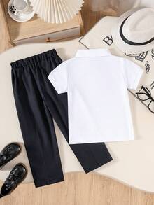 2pcs/Set Young Boy School Style Classic Short Sleeve Polo Shirt And Navy Blue Long Pants, Suitable For School, Performance, Daily Activities - Royal Blue - View 2